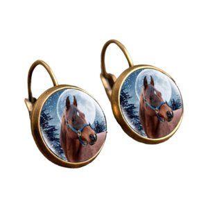 Glass Covered Horse & Moon Scene Earrings NWOT